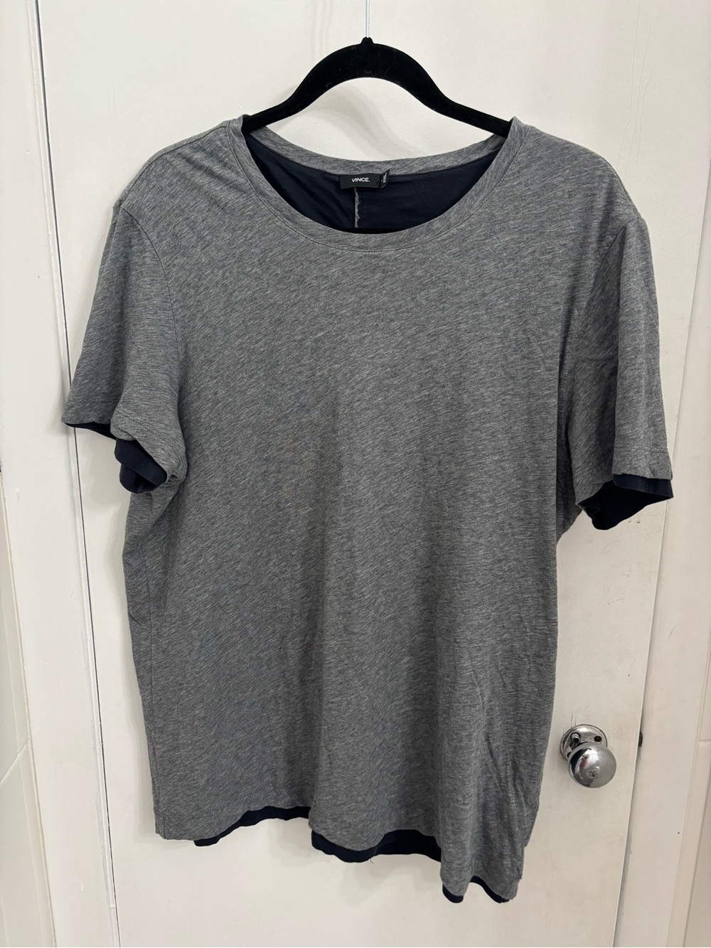 Vince Short Sleeve Double-Layer Crewneck Tee in Heather Gray & Navy